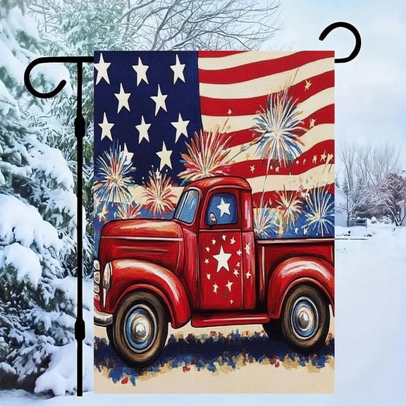 RKSupls Patriotic Linen Double Sided Garden Flag, Independence Day Themed Yard Decor, Red Truck Fireworks Flag Outdoor Banner for Holiday Lawn