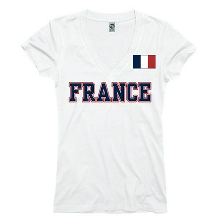Women's France White Country Flag Pole V-Neck T-Shirt