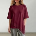 thumbnail image 2 of GZWYHT Asymmetrical Tops for Women Lace Patchwork Satin Top Crewneck Oversized Tee Shirts Side Slit Short Sleeve Tops Red L, 2 of 5