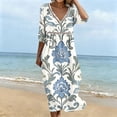 thumbnail image 5 of QUNYINEY Vintage Womens Dresses Summer Beach 3/4 Sleeve Midi A Line Dress Loose Fit V Neck Vacation Dresses, 5 of 6