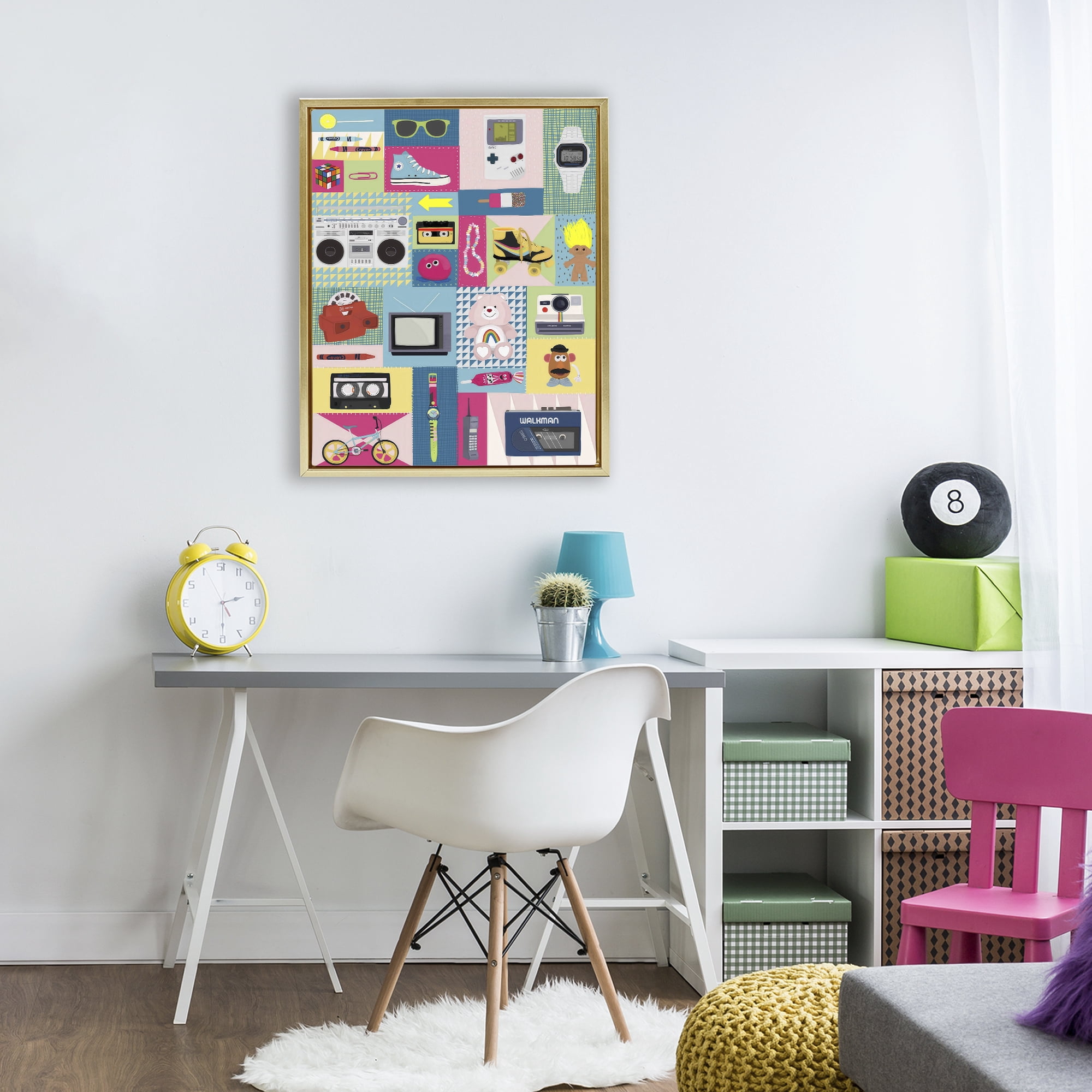 Stupell Industries Retro 80's Patchwork Collection Gold Framed Floater Canvas Wall Art, design by Hanna Melin