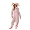 Pink Rabbit Hood OOOUM Womens Bunny Onesie Animal Ear Hood Zip Up Solid Fleece Jumpsuit ...