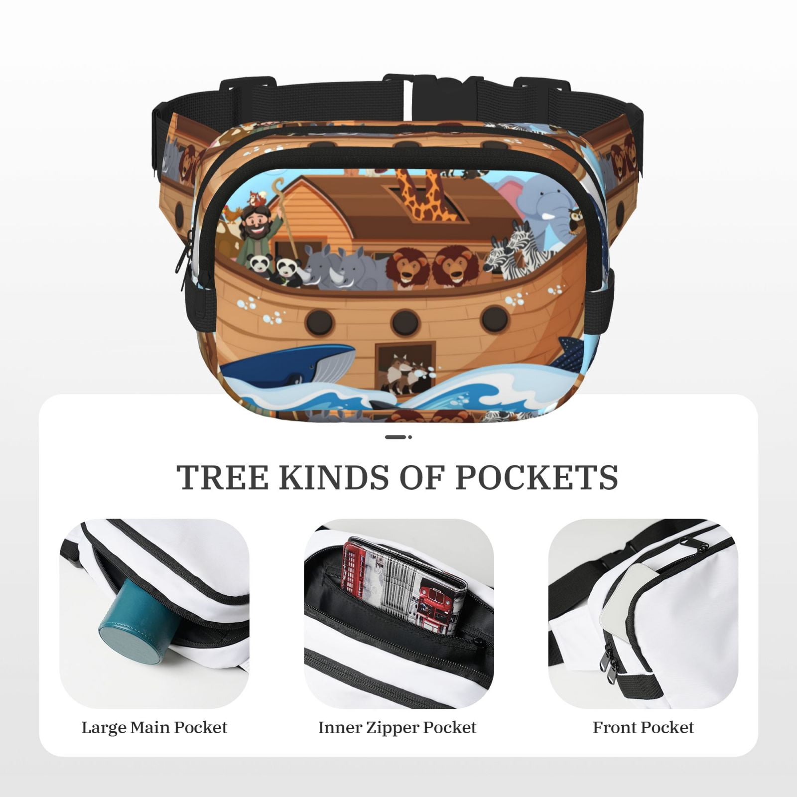 Hirioo Animals on Noah's Ark for Double Layer Waist Bag Adjustable Fanny Pack For Travel Running Hiking