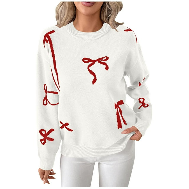 FRSASU Chandail d'Hiver pour Femmes à Manches Longues Col Rond Tricoté Grande Taille Mignon avec Nœud Blanc G(L)