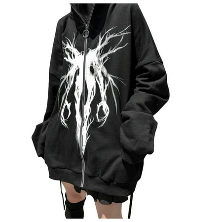

Qufokar Long Loose Cardiganfigs Scrub Jacket Women Women Gothic Print Hoodie Zipper Pocket Loose Coat s Sweatshirt Streetwear
