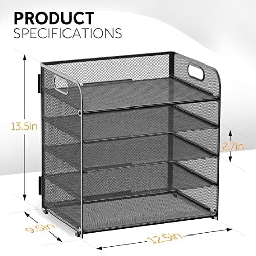2 Pack Letter Tray 5-Tier Desk Organizer File Paper Holder with Handle, Metal Desktop Document Shelf Tray Office Classroom Organization - Black
