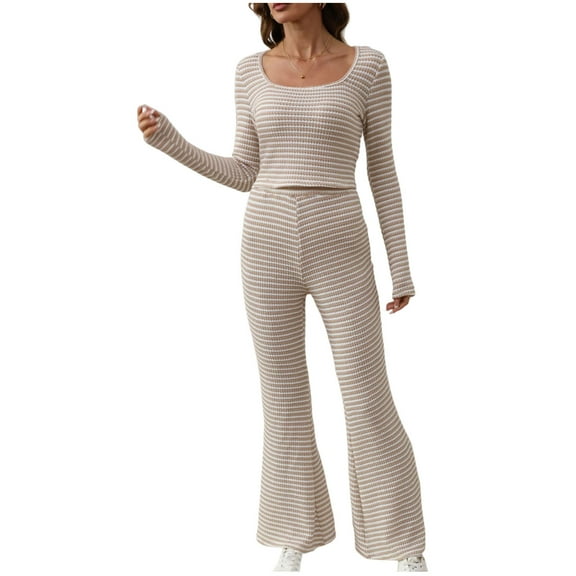Women Ribbed Lounge Set Long Sleeve Crop Top and Flare Pants 2 Piece Pajama Set Soft Knit Sleepwear Outfits