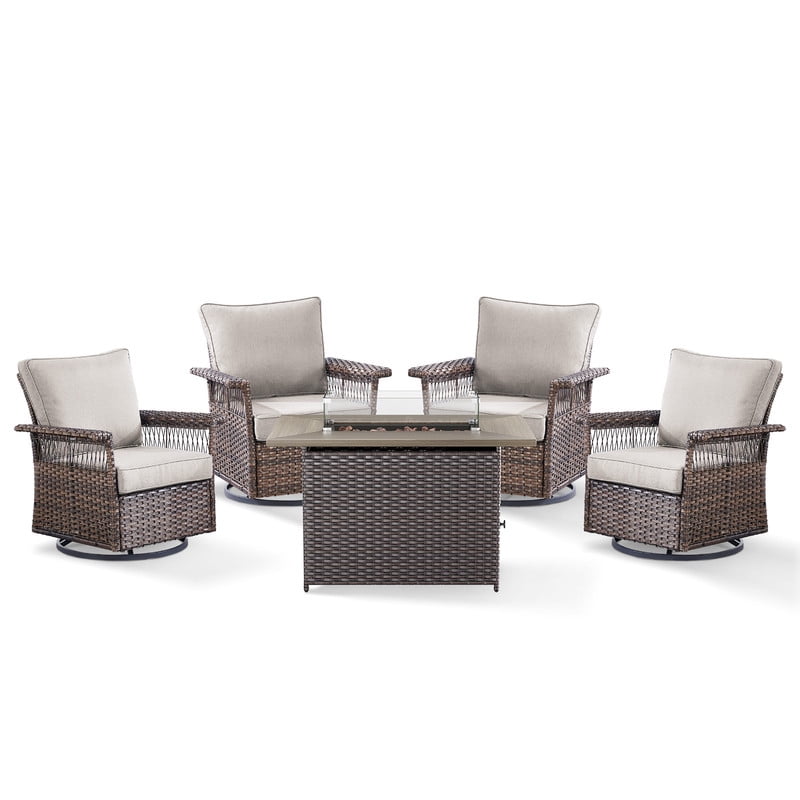 PARKWELL 5 Pieces Patio Furniture Set with Fire Pit Table, Outdoor All-Weather Wicker Conversation 360 Degree Swivel Gliders Chairs Set, Modern Seating Furniture for Porch Deck, Brown/Beige