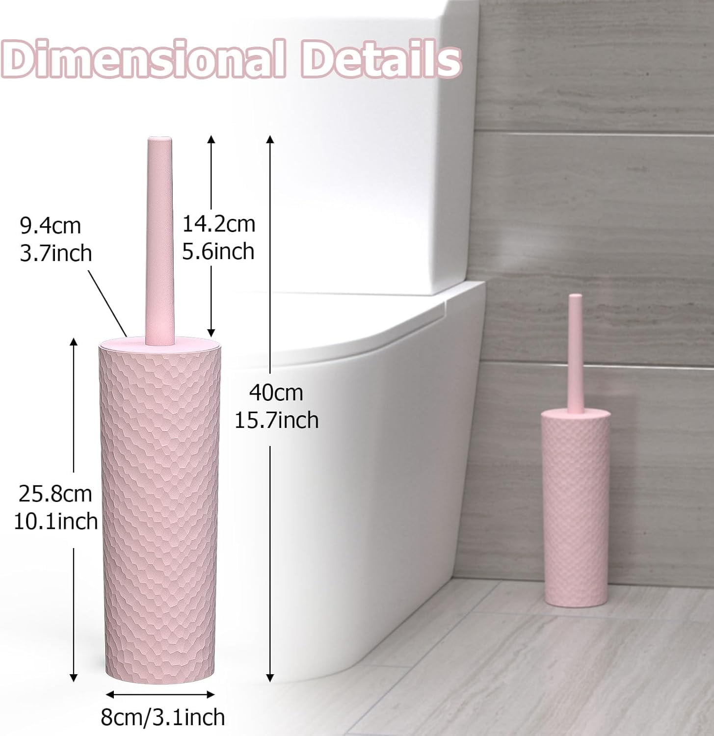 2 Pack Compact Toilet Brush & Holder Set Plastic Round Barrel Loo with Replacement Head Durable for Bathroom Toilet Pink