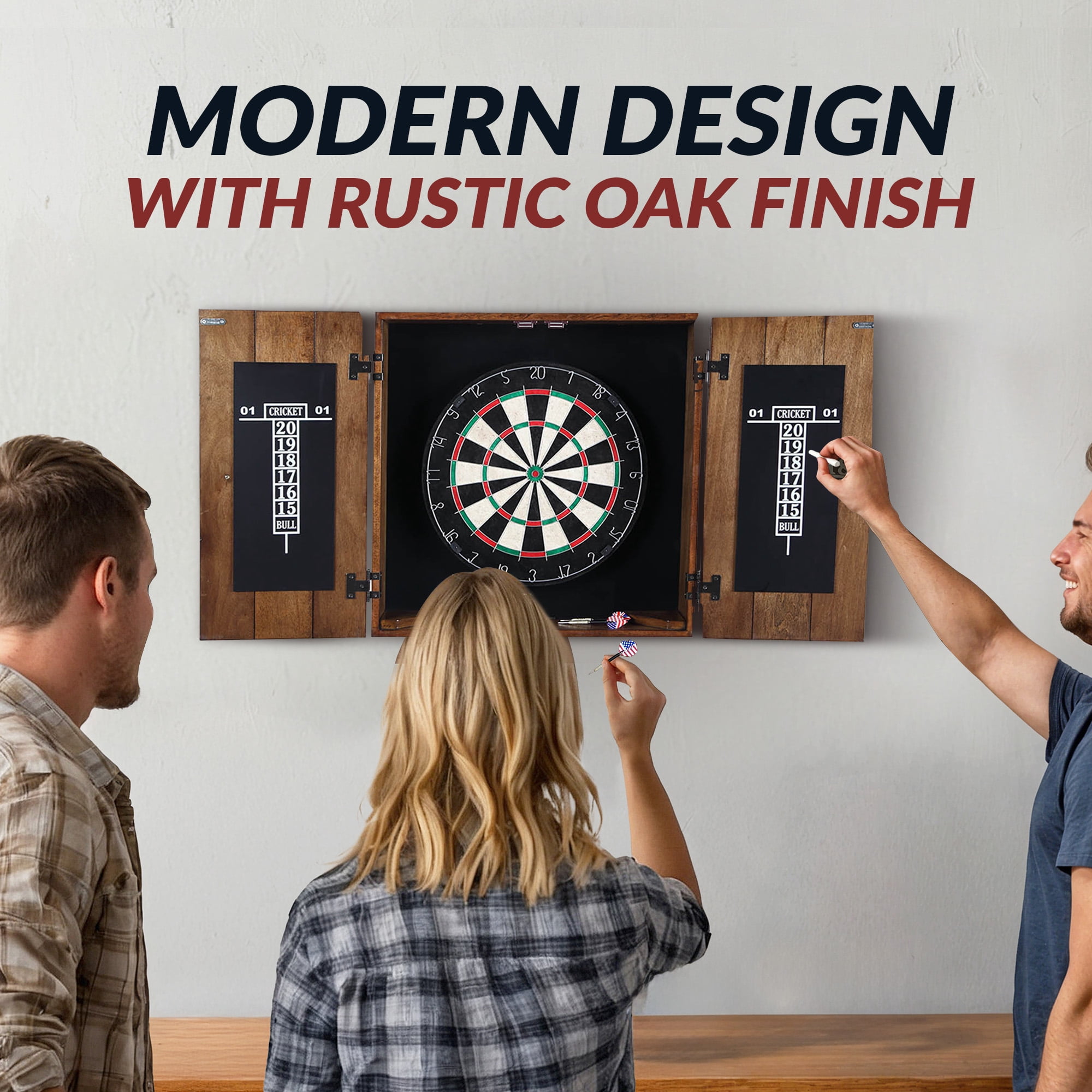 Hathaway Drifter Solid Wood Dartboard and Cabinet Set, Rustic Oak, 44 lb