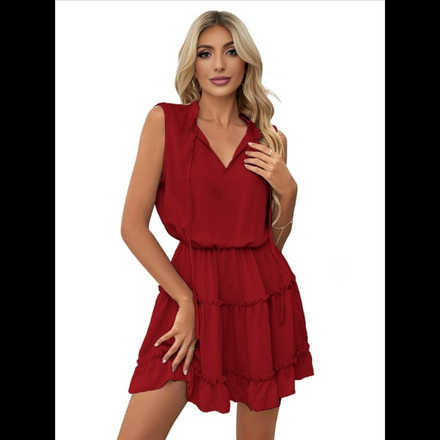 Minivestido Elegante de con Volantes y Escote en V Sin Mangas para Mujer, -Verano 2025 Vino Tinto XL