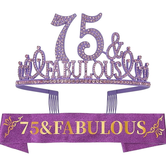 EBE EmmasbyEmma 75th Birthday Sash and Tiara for Women - Fabulous Glitter Sash Fabulous Rhinestone Purple Premium Metal Tiara for Her, 75th Birthday Gifts for 75 Celebration