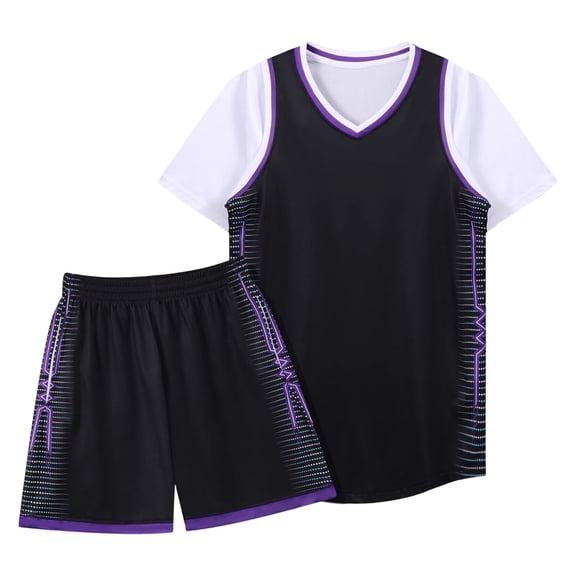 CUZIBR Unisex Youth Kids Boys Summer Short Set Short Sleeve V-Neck Color Block Tshirts Shorts Breathable Soft Lightweight Basketball Football Athletic Playwear Dry Quickly Outfits,Black,2XL
