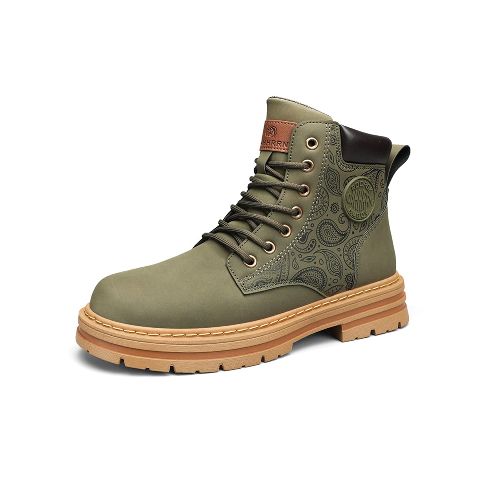 Woobling Mens Booties Lace Up Work Boots Lug Sole Ankle Boot Lightweight Winter Shoes Hiking Platform Floral Short Bootie Black 8.5