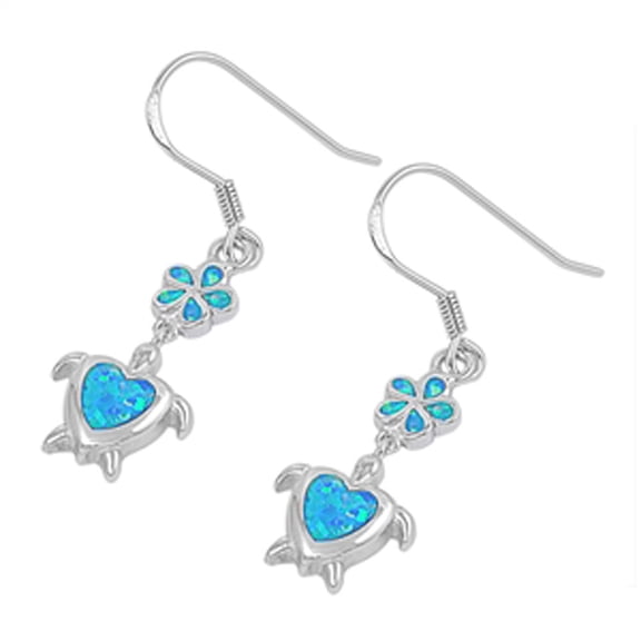 Plumeria Turtle Hanging Earrings Blue Simulated Opal .925 Sterling Silver Jewelry Female Male
