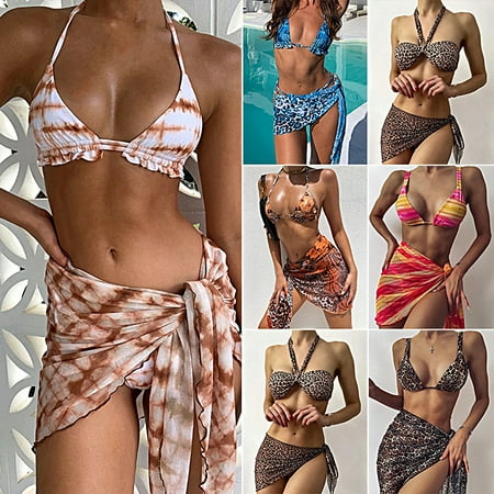 Guiexla 3Pcs/Set Bathing Suit Padded Breathable Tie Dye Leopard Print Women Swimsuit Water Sports Clothing