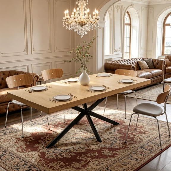 Table à Manger Rectangulaire Rétro Extensible de 55,11 Pouces à 70,86 Pouces avec Rangement Caché, Dessus Naturel avec Plaque Centrale Embossée de la Même Couleur, pour Salle à Manger, Cuisine et Salon (Naturel)
