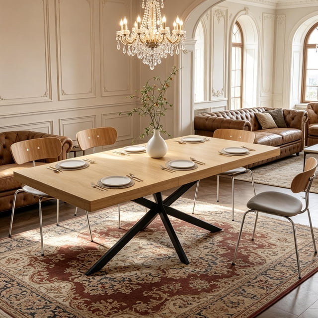 55.11" - 70.86" Retro Rectangular Extendable Dining Table with Hidden Storage, Natural Top With Same Color Embossed Center Plate,for Dining Room, Kitchen & Living Room (Natural)