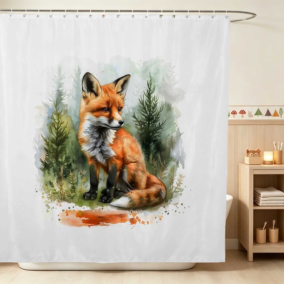 Erosebridal Fox Shower Curtain 72Wx72L for Boys Girls, Pine Forest Waterproof Bathroom Curtain