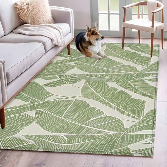 Green Palm Leaf Area Rug 4x6 Washable Rug Non Slip Tropical Botanical Summer Large Area Rug Indoor Floor Carpet for Entryway Bedroom Kitchen Living Room Home Office Dining Room Nursery