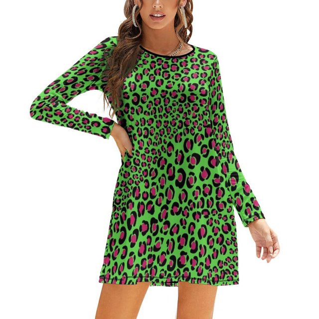 Pink Green Leopard Print Cool Animal Print Punk Glam Pattern Sweetheart Knot Flared Dress Fashion Design Large Size Loose Dress