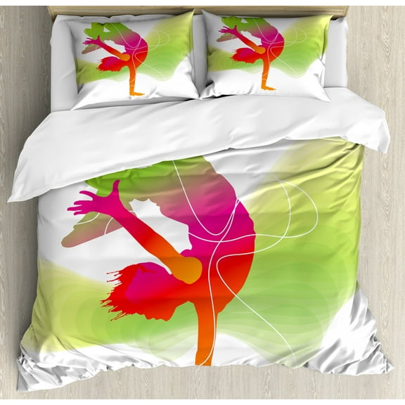 Dance Duvet Cover Set Queen Size, Vivid Colorful Dynamic Sporty Theme Dancer Performing a Show Lines and Wavy Stripes, 3 Piece Bedding Set with 2 Pillow Shams, Multicolor, by Ambesonne