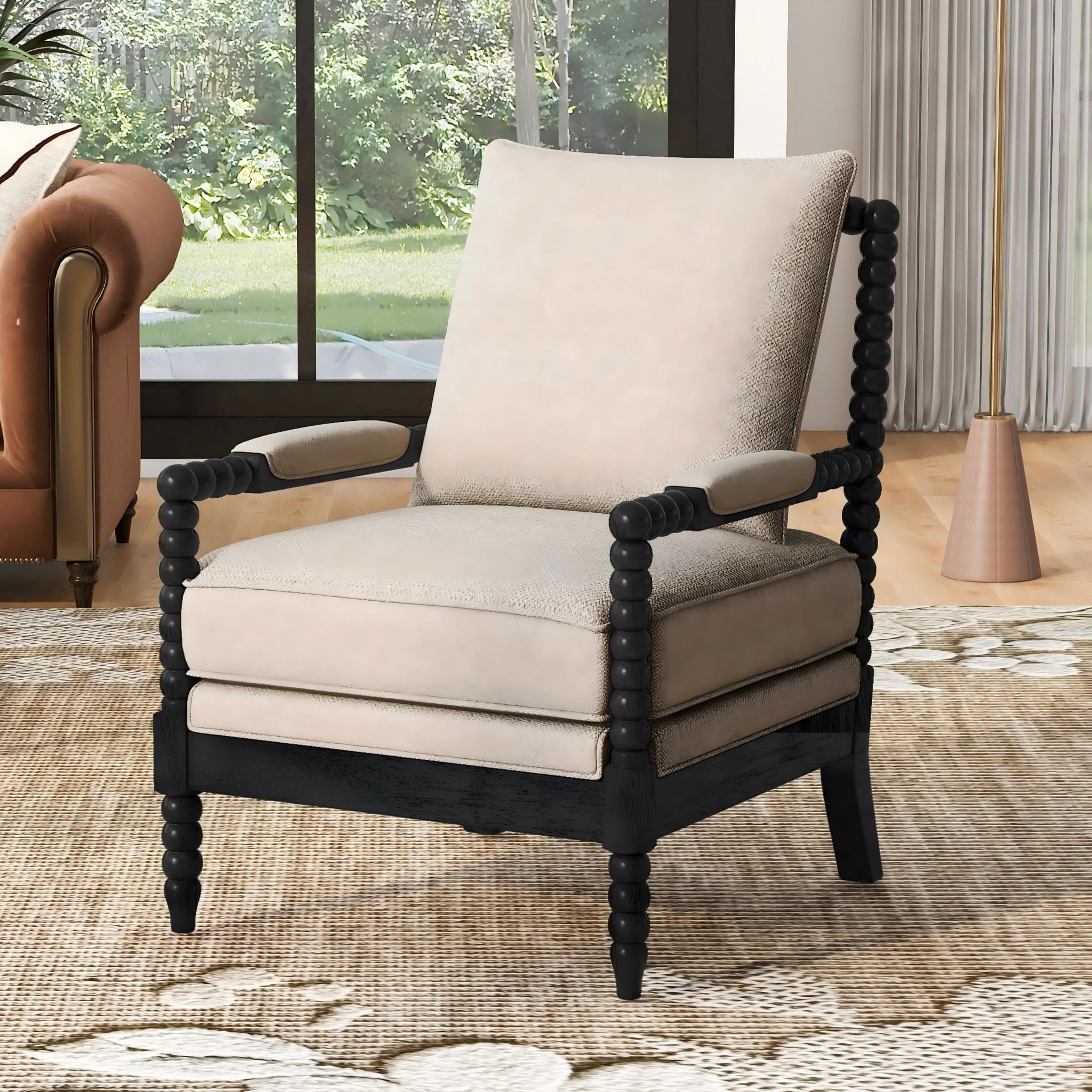 Noble House Illis Modern Rubber Wood Upholstered Accent Chair, Comfortable Living Room Leisure Chair, Black & Gray