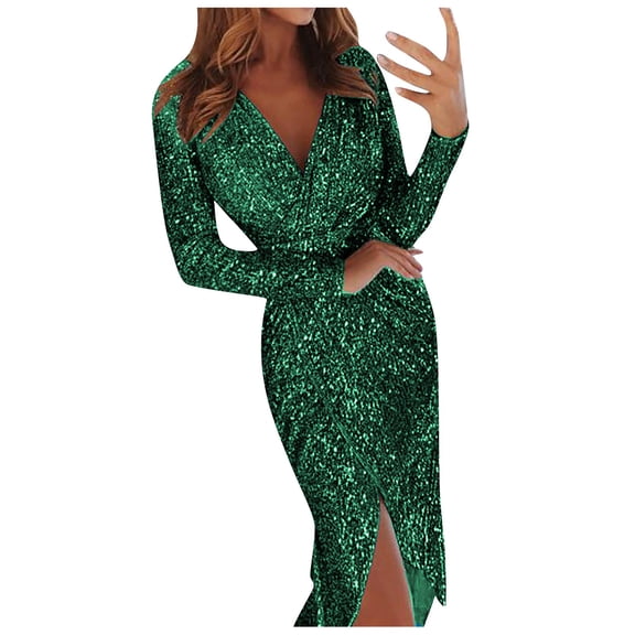 CIENVNSTG Midi Dresses for Women Gold Plated Long Sleeved V-Neck Sparkling Dresses Sexy Gala Dress Green XL