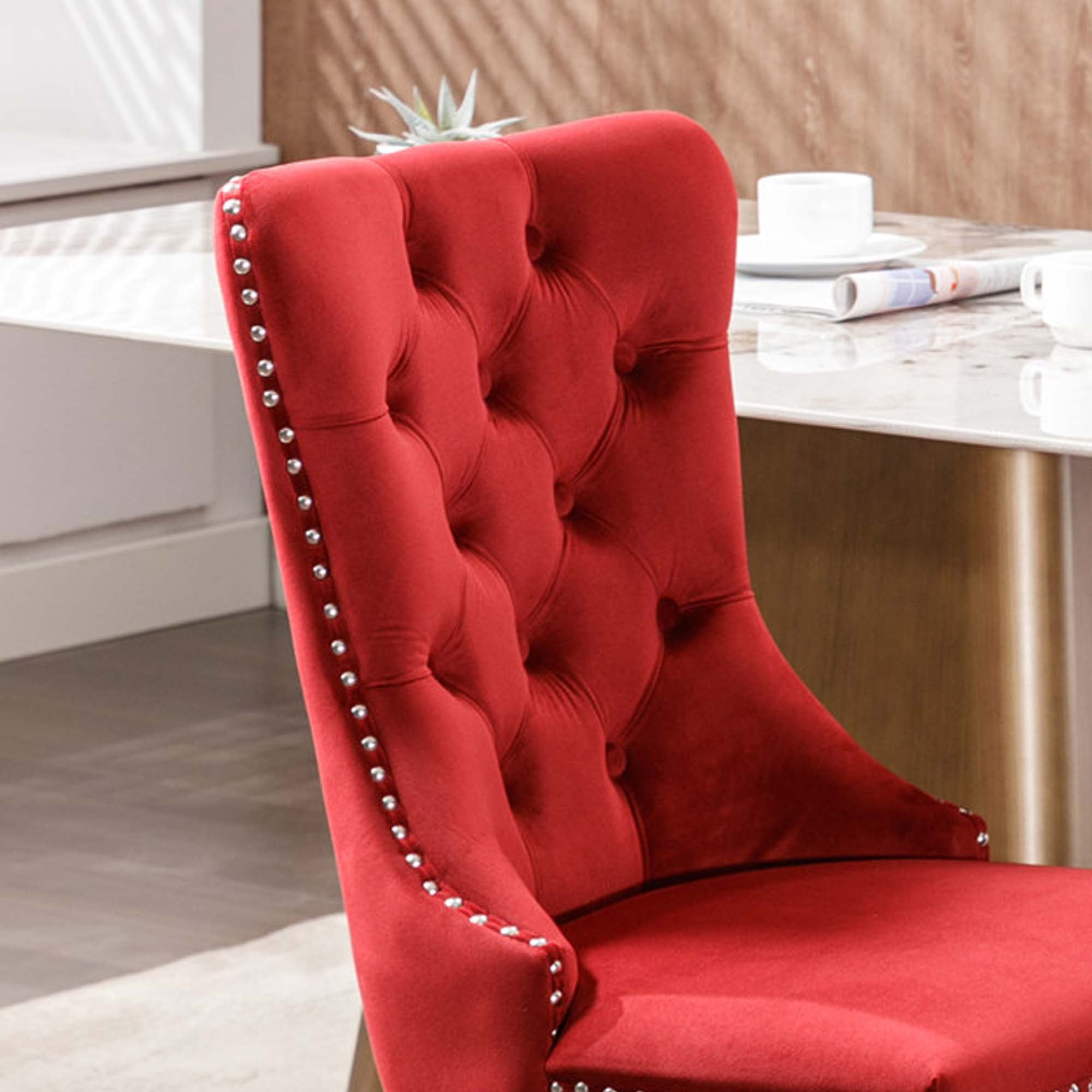 Aukfa High-End Upholstered Dining Chairs Set of 2, Modern Tufted Solid Wood Side Chair with Nailhead Trim - Red
