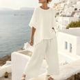 thumbnail image 4 of Xdegoge Linen Two Piece Lounge Sets for Women Casual Short Sleeve Asymmetrical Top and Cropped Wide Leg Pants Outfit Loose Fit Drawstring Waist Trousers Flowy Summer Activewear, 4 of 9
