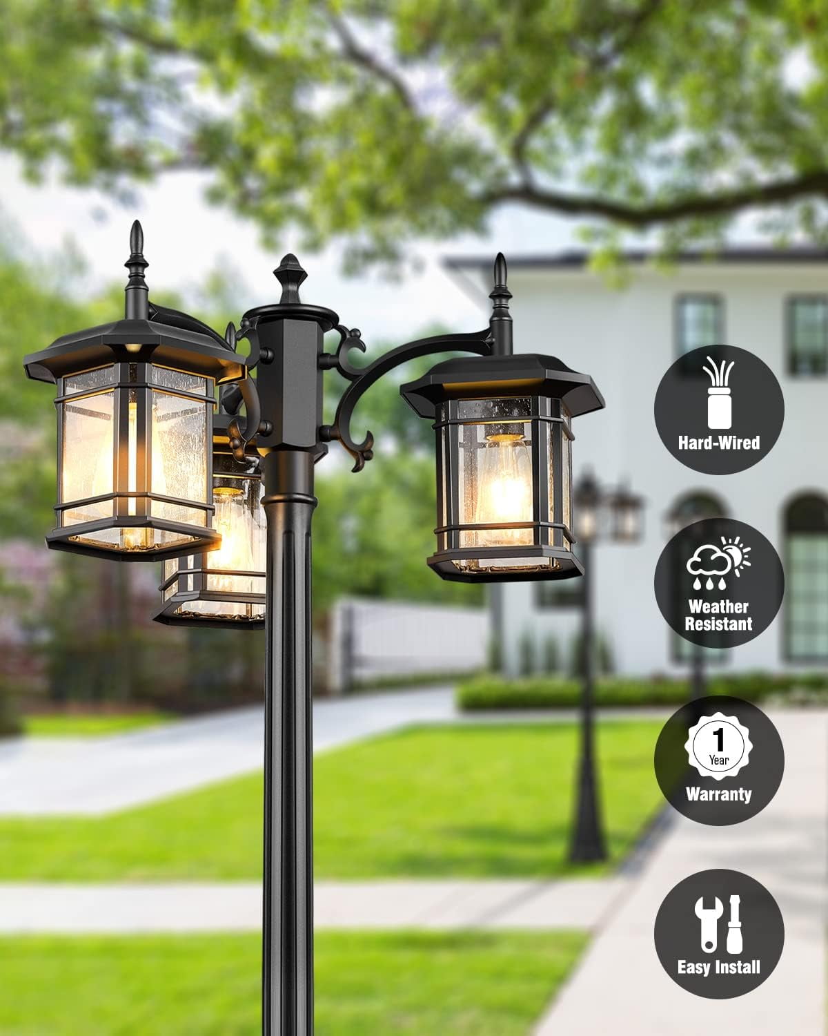 VIANIS Outdoor Lamp Post Light with Outlet 3-Head, Waterproof Outdoor Lamp Post Sconce, Anti-Rust Black Dusk to Dawn Street Light Pole for Garden, House, Doorway, Weather Resistant
