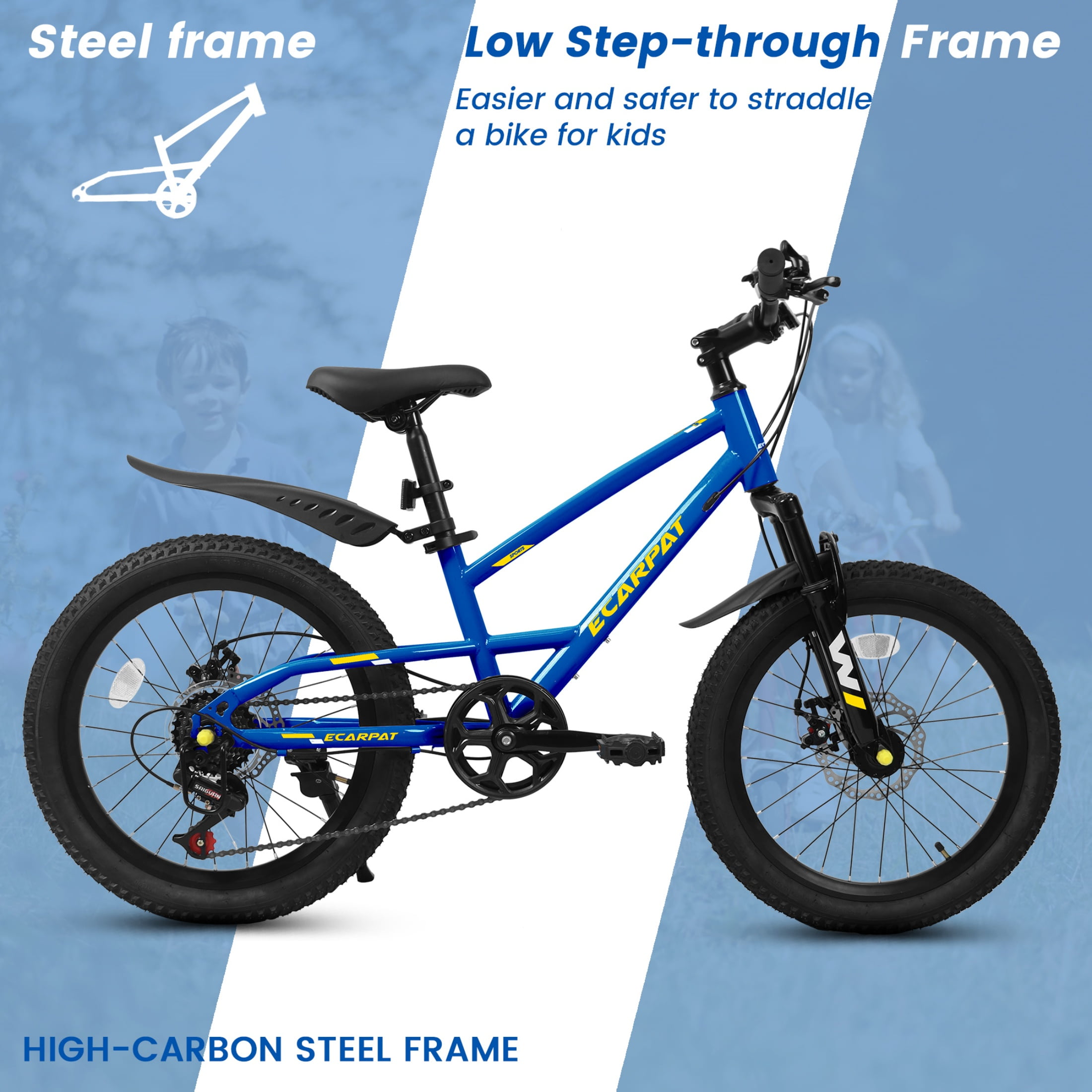 QEEKA 20 Inch Kids Mountain Bike，4.0"/2.125" Wide Non-Slip Tires,7-Speed with Front Suspension,Dual Disc Brakes and Steel Frame,Kids MTB Bicycle for Ages 6-12 Years Old,Blue