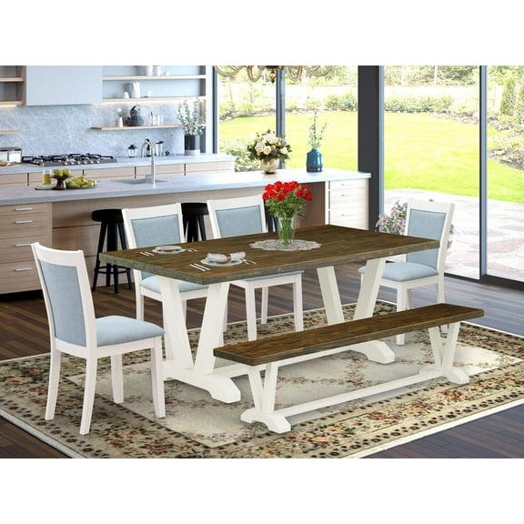 East West Furniture V-Style 6-Piece Wood Dining Set in Jacobean/Blue/White