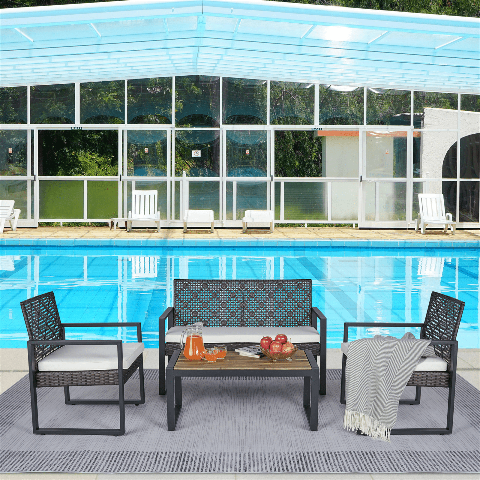 Miniyam Patio Furniture Set, 4 Pieces Outdoor Rattan Chair Wicker Sofa Garden Conversation Bistro Sets for Yard,Pool or Backyard, Black&White