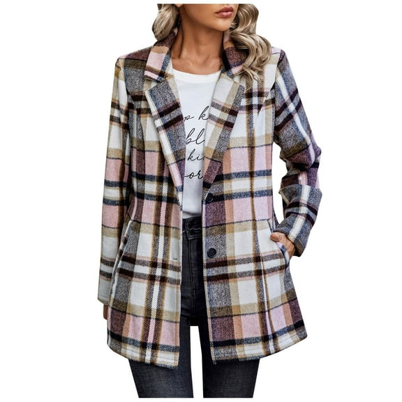 Ernkv Jacket for Women Trendy Blazer Long Sleeve Plaid Puffer Shacket Trench Tartan Coats Irregular Neck Lounge Boyfriend Winter Buttons Pocket Pink M