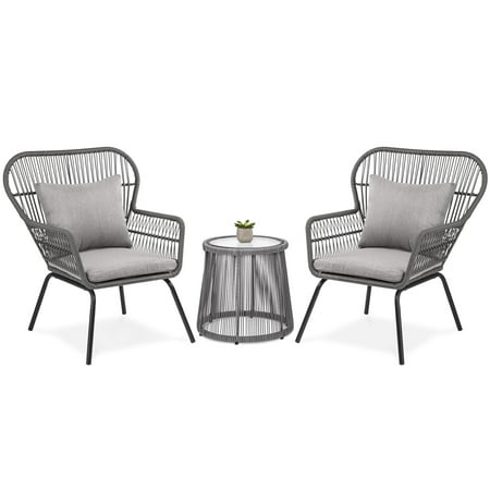 Best Choice Products 3-Piece Outdoor All-Weather Wicker Conversation Bistro Furniture Set for Patio, Garden, Backyard w/ 2 Chairs, Glass Top Side Table, Weather-Resistant Seat & Back Cushions - (Best Outdoor Furniture For Florida)