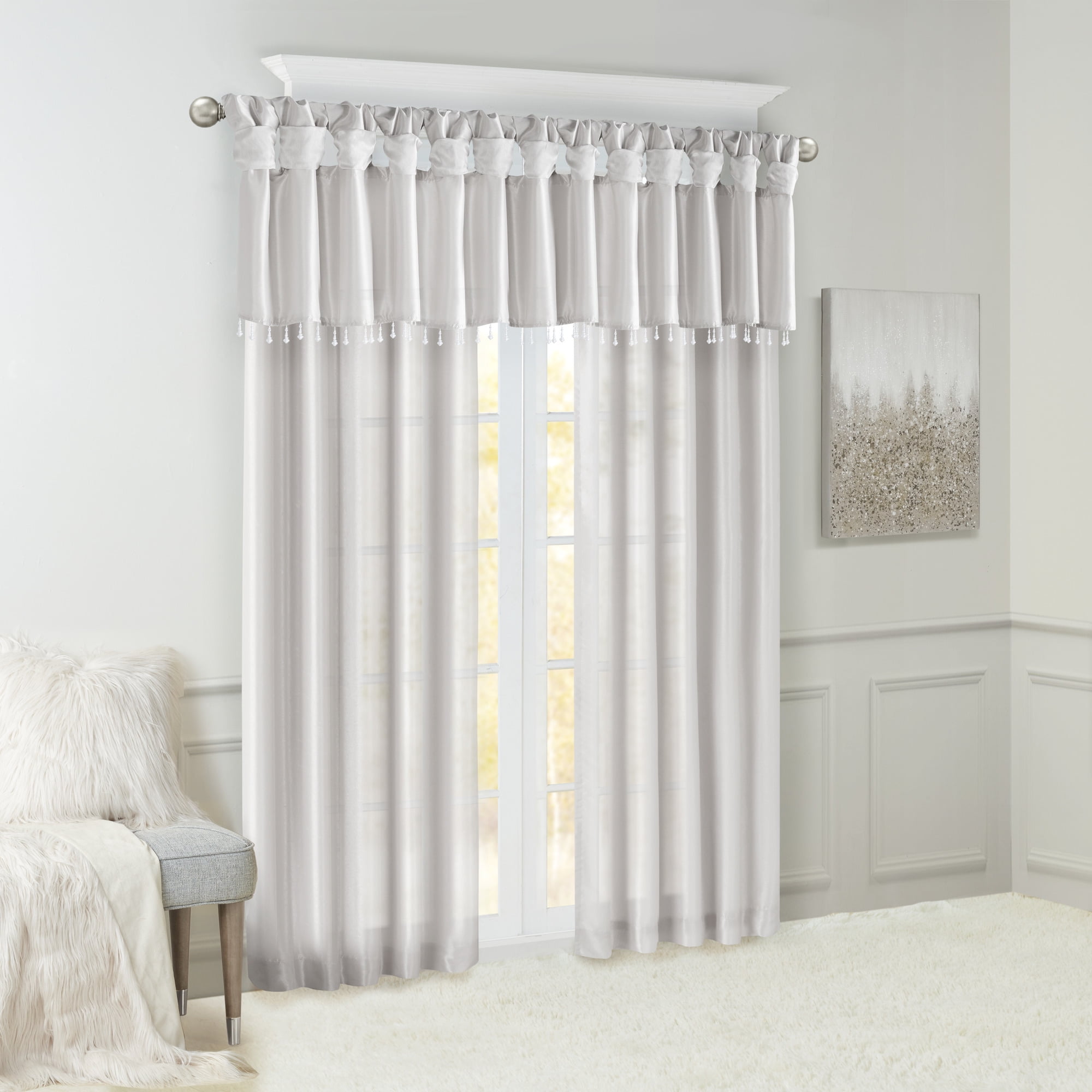 Lightweight Faux Silk Valance With Beads Silver 50x26"