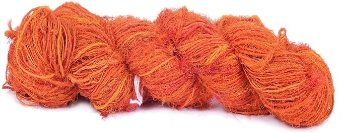 Knitsilk PREMIUM Recycled Sari Silk Yarn - Orange shade 160+ Yards, 100 gm | Good for Knitting, Crocheting and Jewelry Making