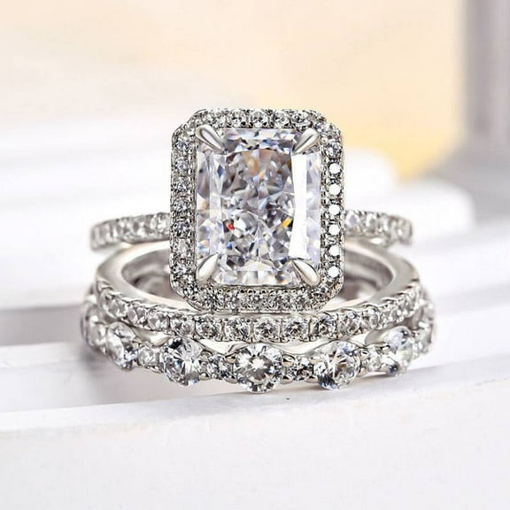 Kalapi Jewel 14K White Gold Plated 1.6 Ct Radiant Cut Moissanite Trio Ring Set - Beautiful Engagement Trio Set Ring for Her - Bridal Jewelry - Great Gift for Weddings or Anniversaries