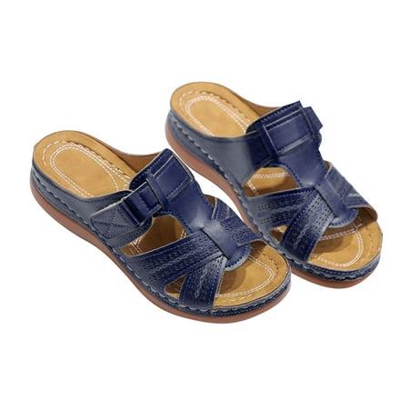 

ZTTD Women Summer Open Toe Hook Loop Comfy Sandals Casual Wedges Non Slip Slippers Dark Blue