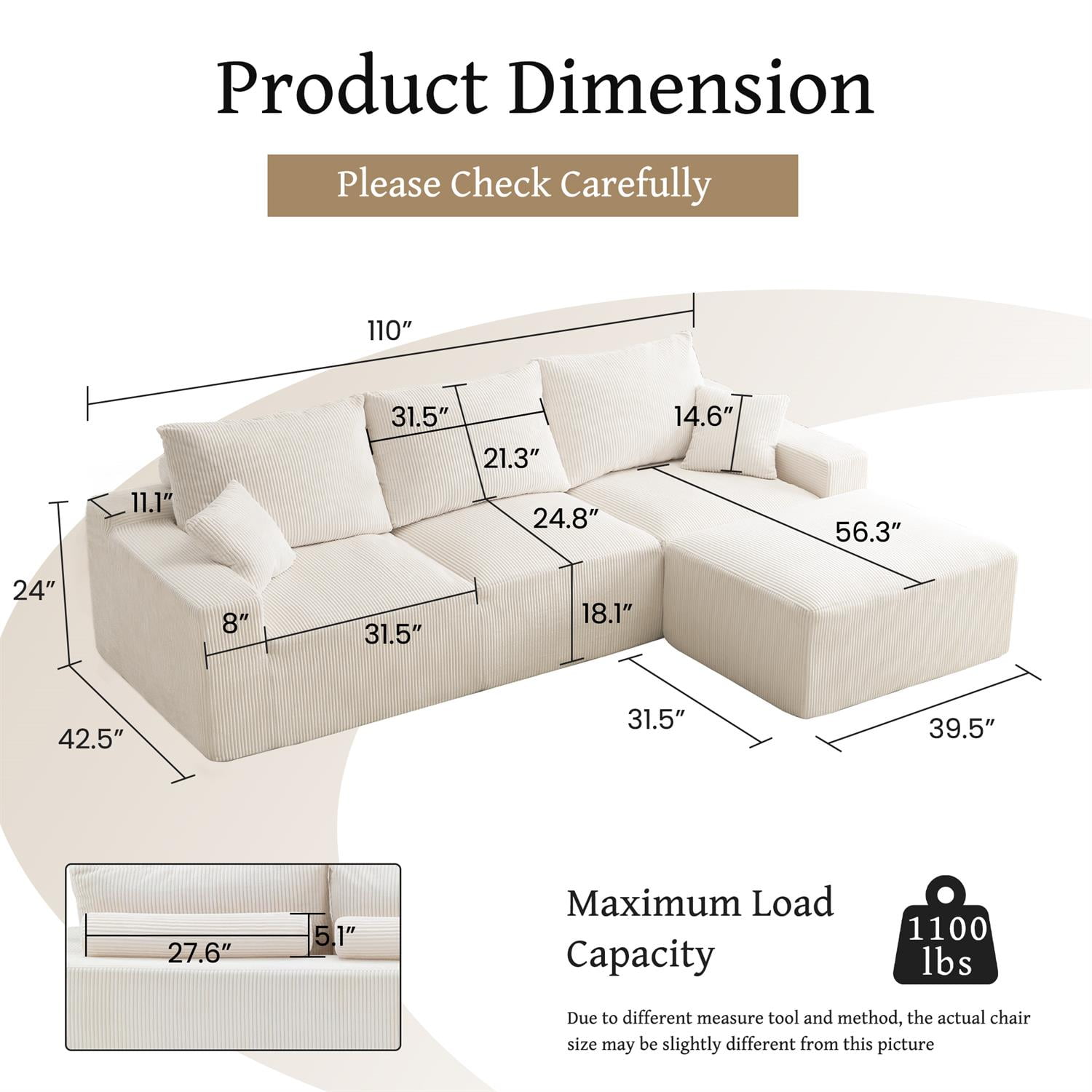 Demi Bonn 110" Ultra-Soft L-Shaped Sectional Sofa, Full-Compression 3-Seater Cloud Couch with 2 Chaise, Modular Deep Seat, No Assembly Required, Beige