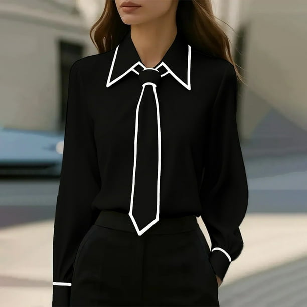 Ounisa Women's Bow Tie Neck Long Sleeve Buttton Cuff Chiffon Elegant Blouse