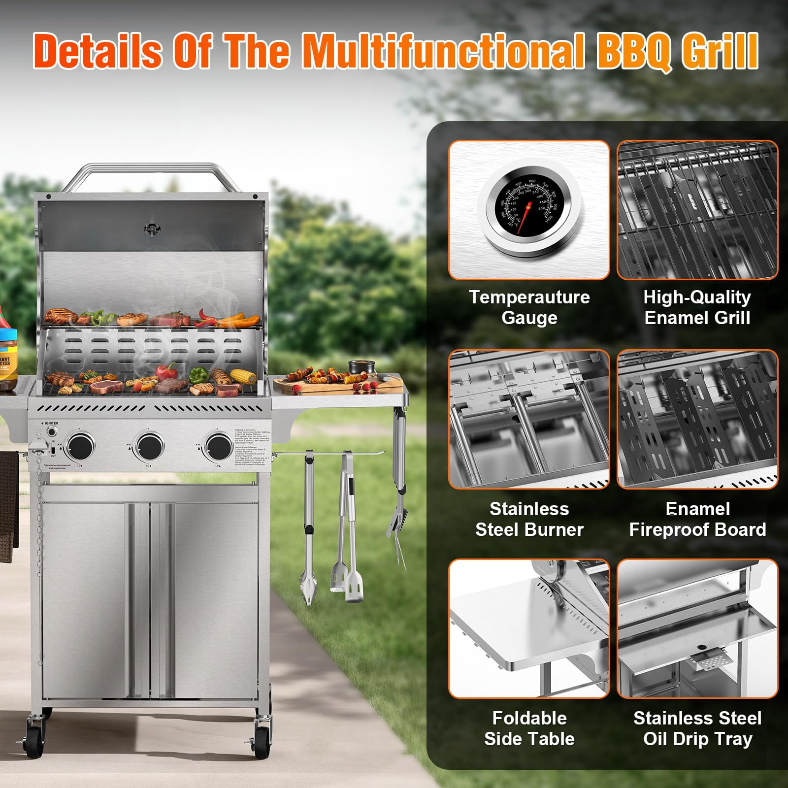 LHRIVER 3 Burner Propane Gas Grill with Side Table, 24000 BTU BBQ Grill for BBQ, Outdoor Cooking