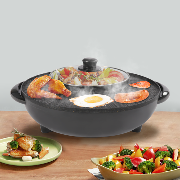 2 in 1 Electric Hot Pot BBQ Grill Portable Smokeless Barbecue Pan Grill 1350W 5.28qt