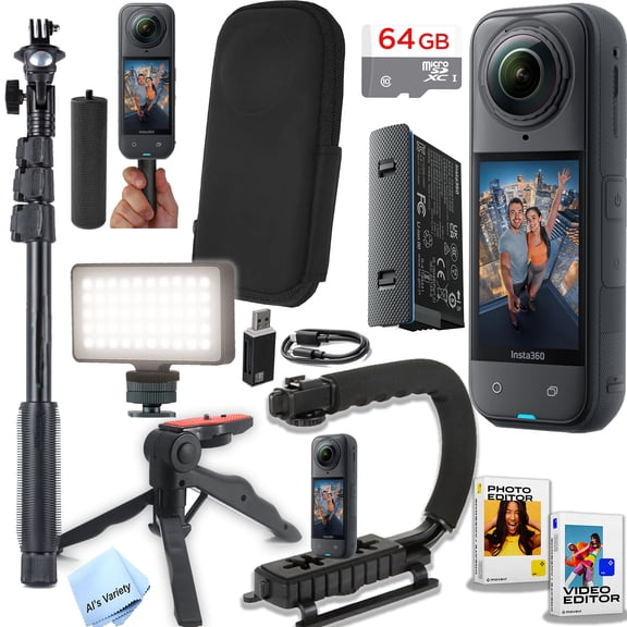 Insta360 X5 360° 8K Camera-Video Bundle -64GB Memory, Selfie Stick, Hand Grip, U grip, Tripod, LED Light, And More