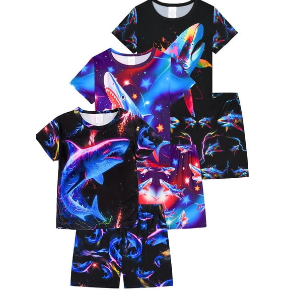 QEFJNO 3-12Y Kids Boys Pajamas Set 2 PCS Short Sleeve Top and Shorts Pants for Toddler Boys Shark Pjs Summer
