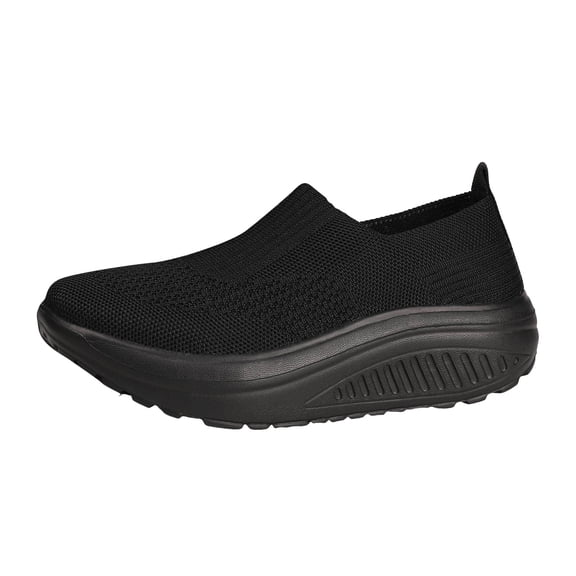 Platform Sneakers for Women Casual Knitted Low Top Walking Shoes Lightweight Soft Sole Slip on Loafers Antislip Workout Gym Athletic Shoes Black Size 6.5