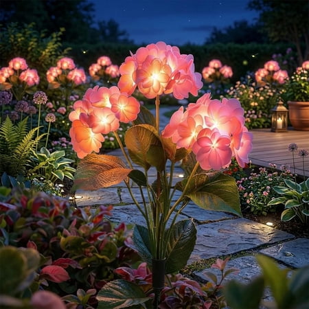 Fairy Hydrangea Lights Twinkling Tree Solar Realistic LED Flower Light IP65 Waterproof Colorful LED Flower Stake Light 15H Lighting Time Bring Your Garden Pathway Yard and Patio(5 Pink)
