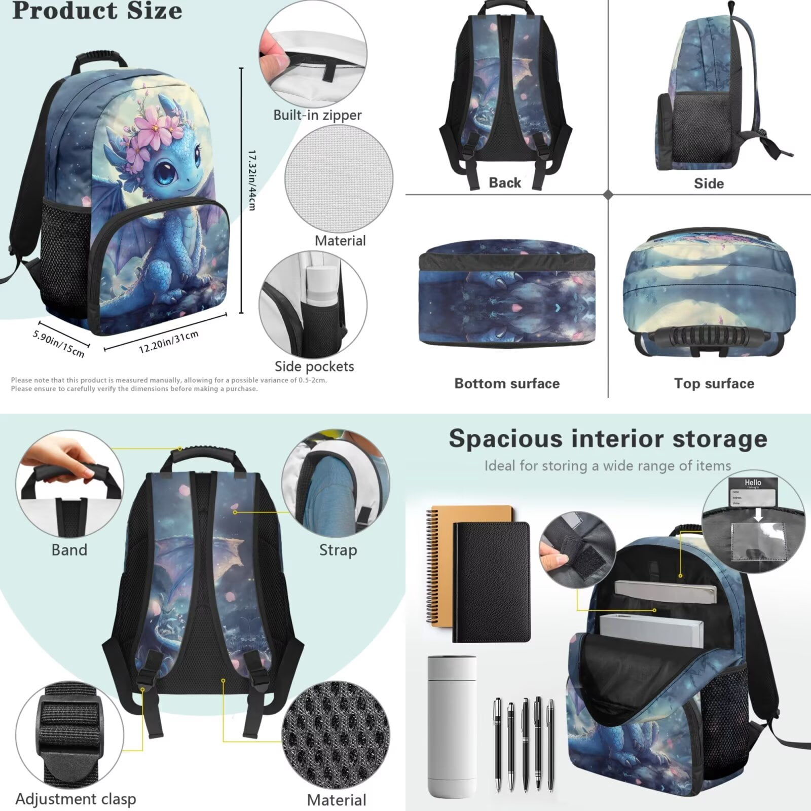Pzuqiu Cherry Blossom Dragon Kids Backpack Back Pack for School Girls Boys Backpack Lunch Bag with Pencil Bag 4 pcs Travel Daypack Camping School Bags with Water Bottle Holder