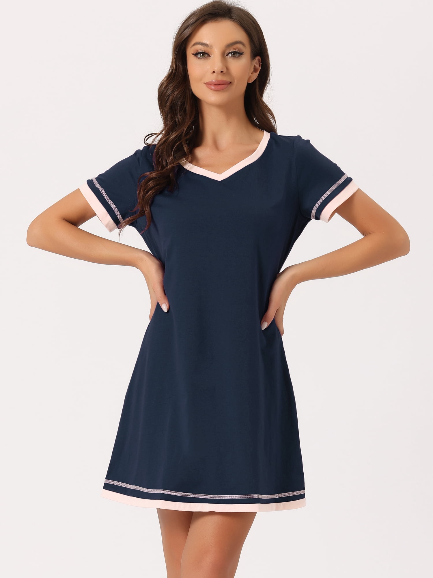 DARING DIVA Women's Short Sleeve V Neck Contrast Color Nightgown Sleepdress M Navy